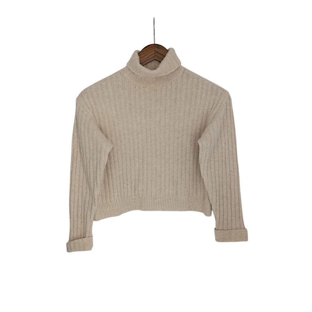 Zara NWT Cream Ribbed Cropped Turtleneck Sweater Long Sleeve Minimalist S XS - Picture 2 of 12